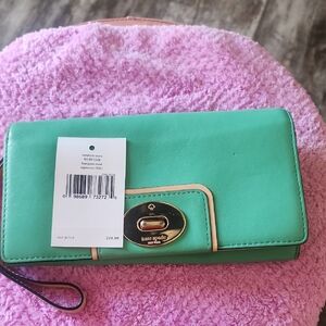 kate spade Mint Green Leather Wristlet with Beige Trim and Gold Tone Hardware
